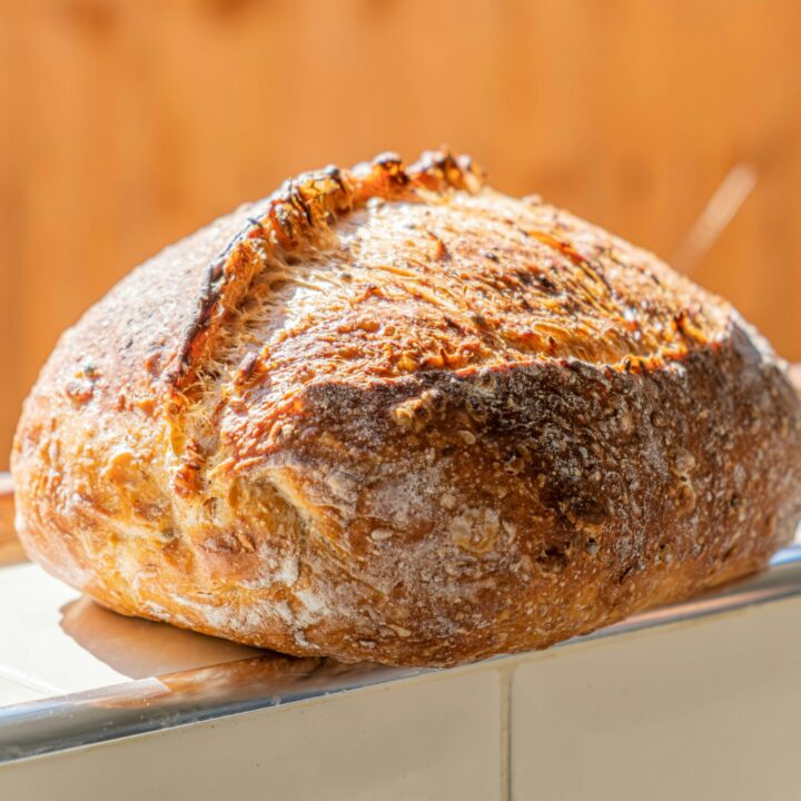 Homemade sourdough bread in windowsill