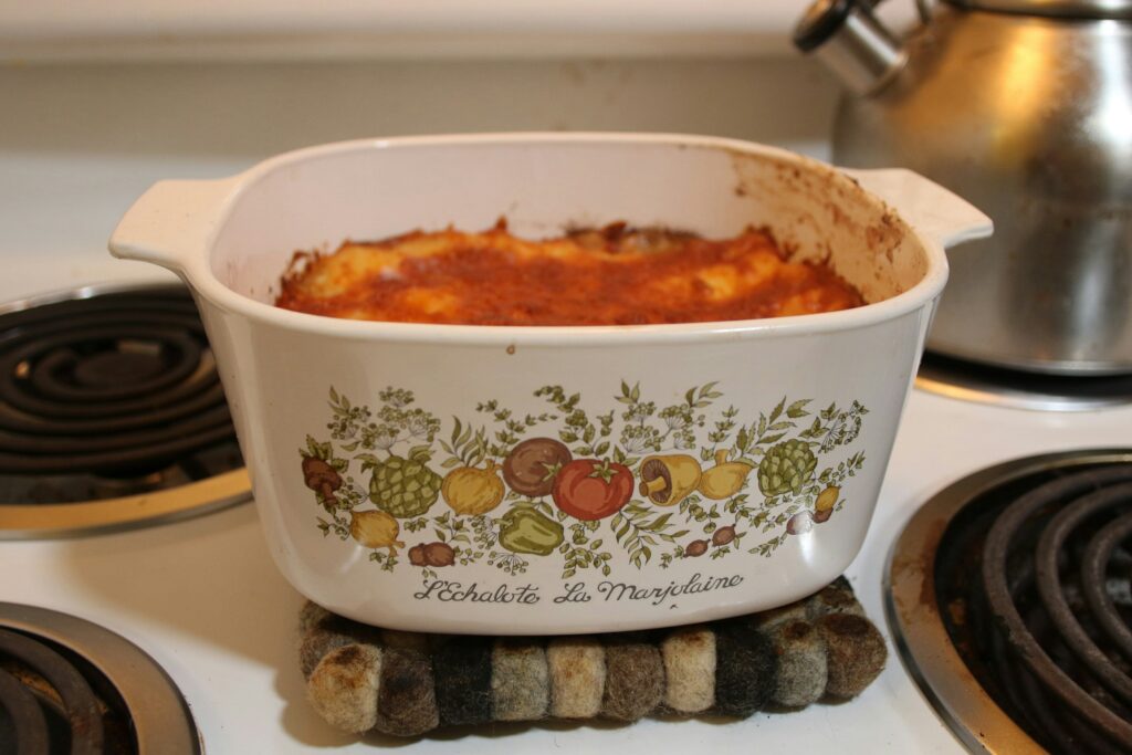 Casserole Dish with casserole in it on the stovetop