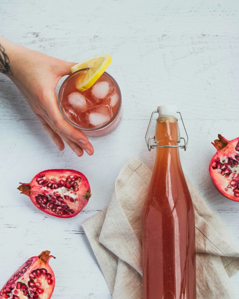 Kombucha with glass and pomegranates